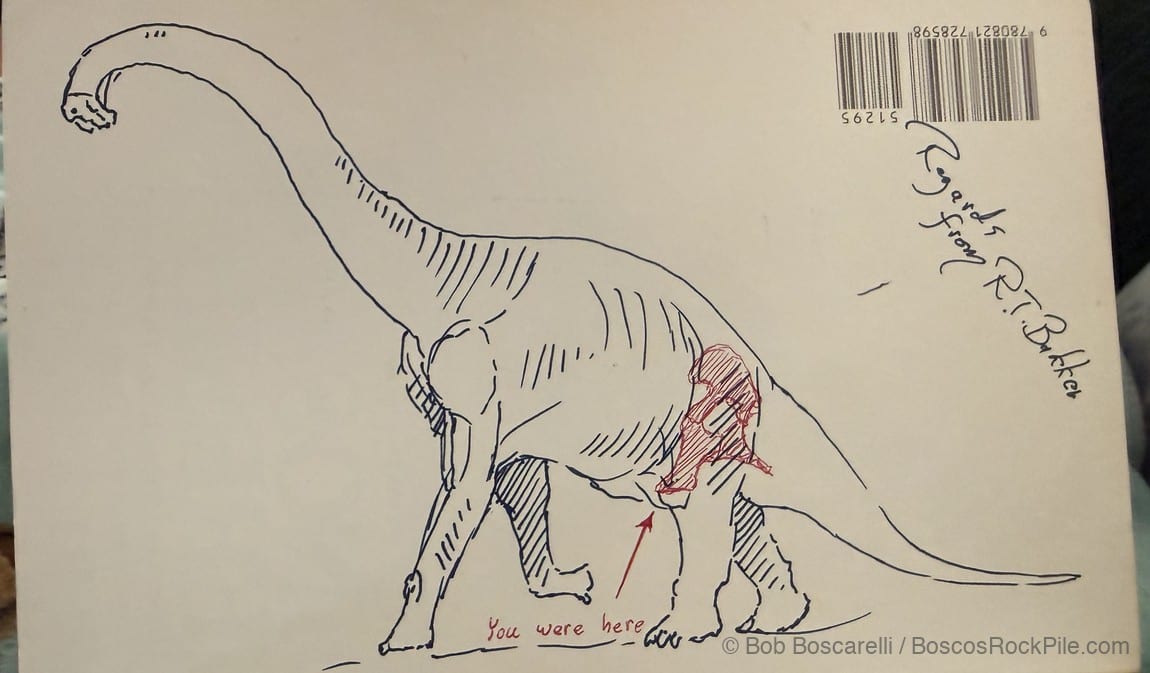 Dr. Bakker's Apatosaurus sketch and 'You were here' inscription in Bosco's copy of The Dinosaur Heresies