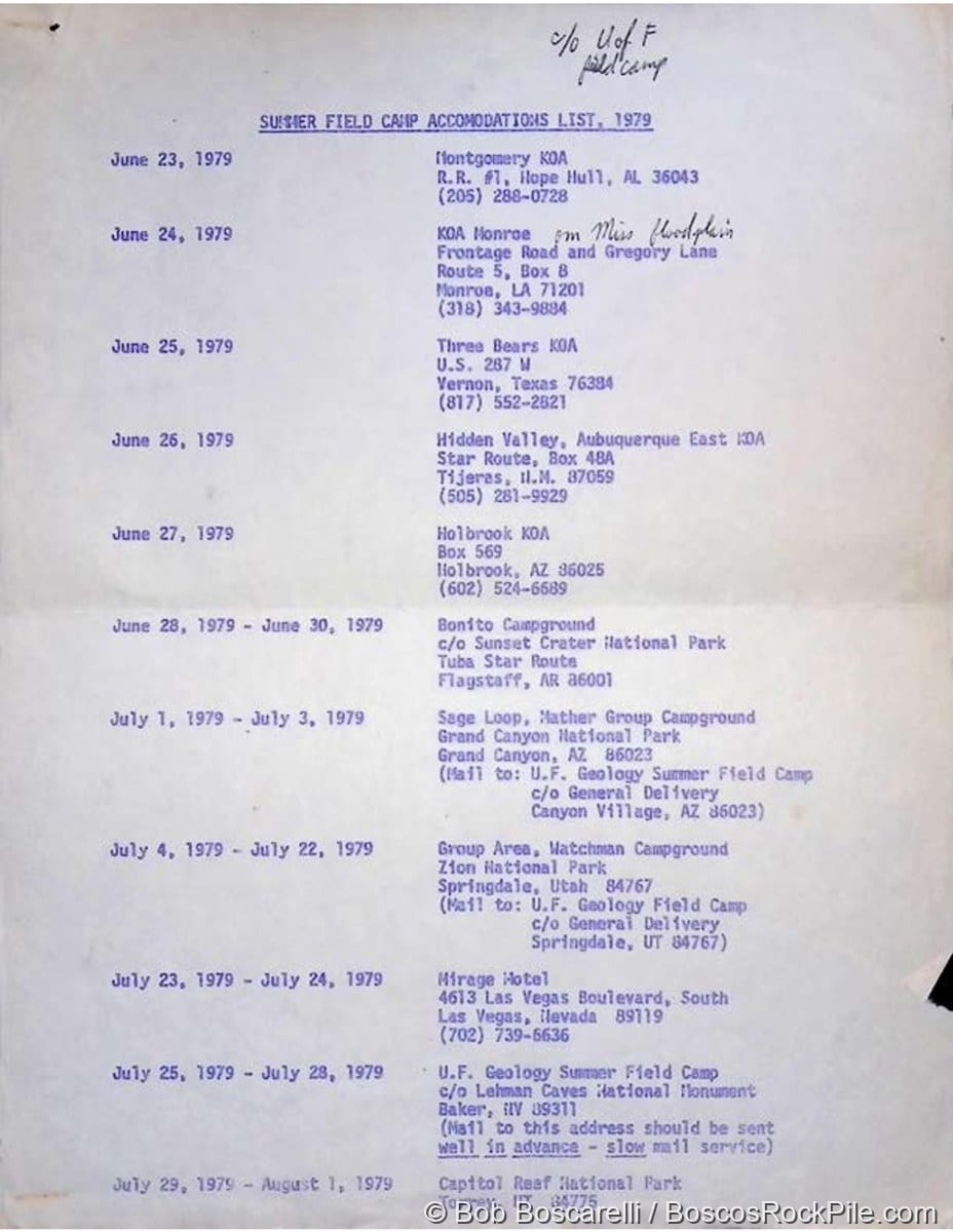 UF 1979 field camp accommodations list, page 1