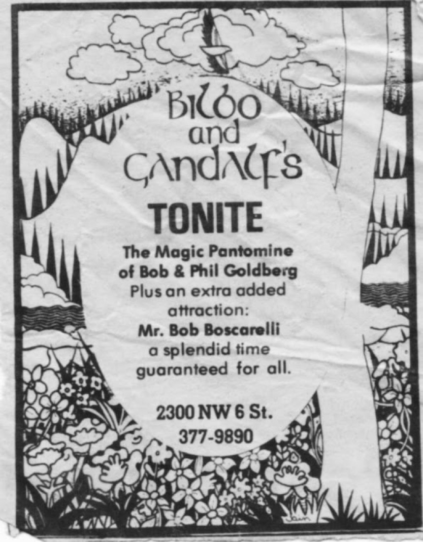 Period handbill for Bilbo and Gandalf's, Gainesville, billing Mr. Bob Boscarelli as an added attraction