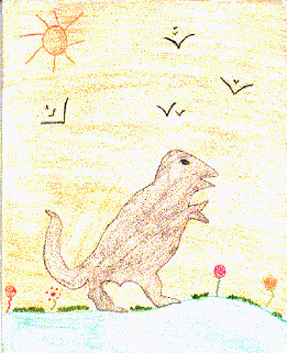 Child's crayon drawing of a dinosaur under a bright sun