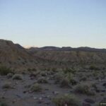 Death Valley desert landscape at dusk — distant badlands and scrubland