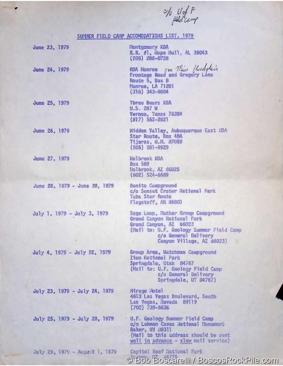 UF 1979 field camp accommodations list, page 1